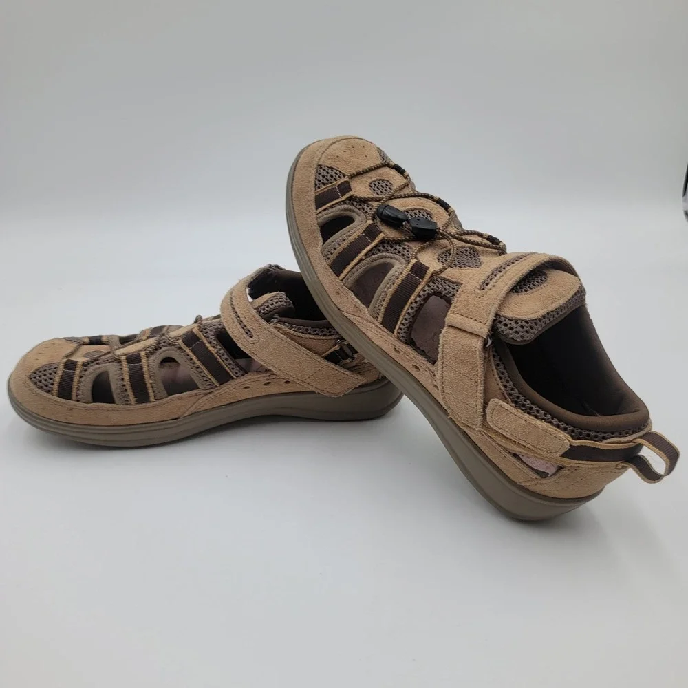 Orthofeet 77873 Womens 11‎ Wide Tan Leather Mesh Fisherman Sandals Bungee Strap
